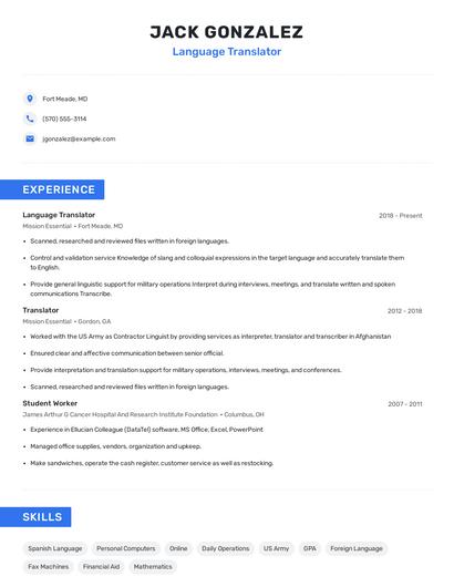 Language Translator Resume