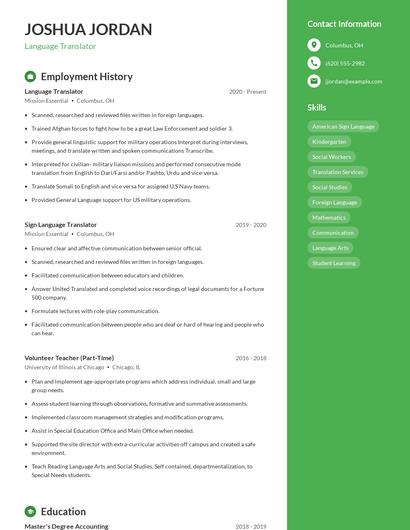 Language Translator Resume