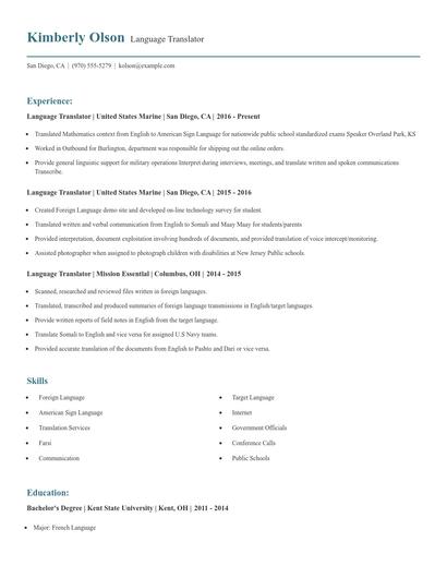 Language Translator Resume