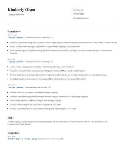 Language Translator Resume