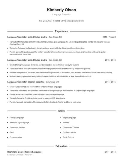 Language Translator Resume