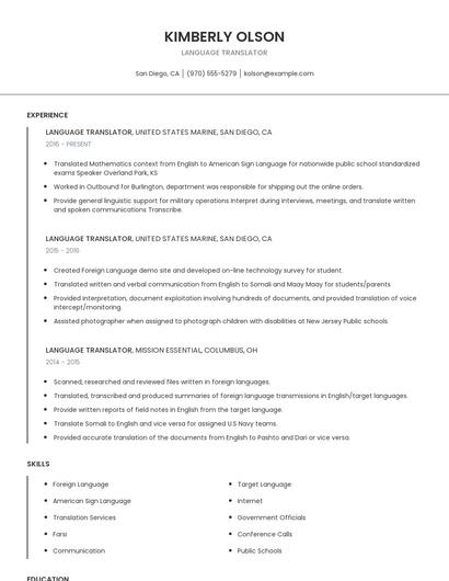 Language Translator Resume