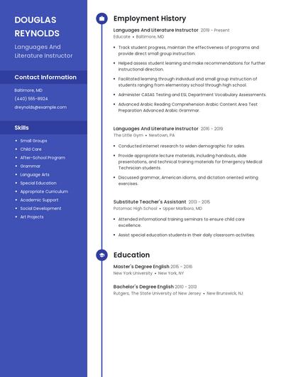 Languages And Literature Instructor Resume