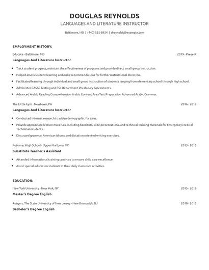 Languages And Literature Instructor Resume