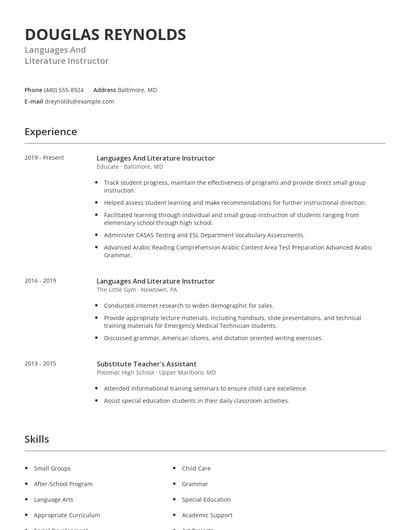 Languages And Literature Instructor Resume