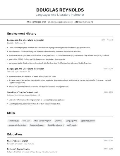 Languages And Literature Instructor Resume