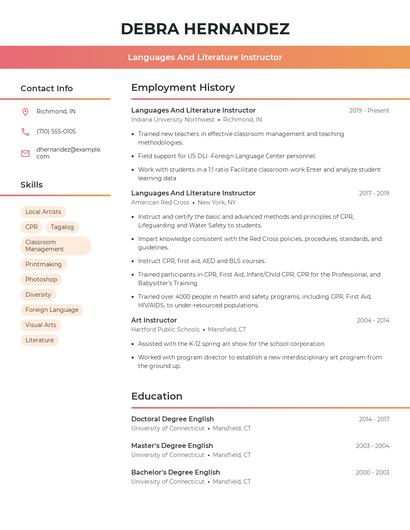 Languages And Literature Instructor Resume
