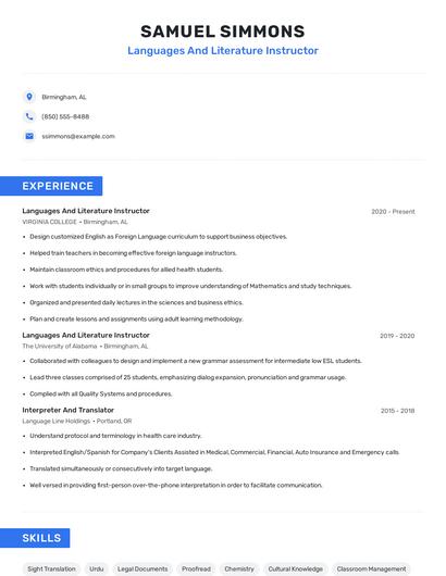 Languages And Literature Instructor Resume