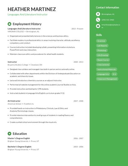 Languages And Literature Instructor Resume