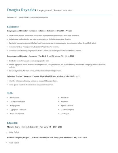 Languages And Literature Instructor Resume
