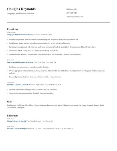 Languages And Literature Instructor Resume