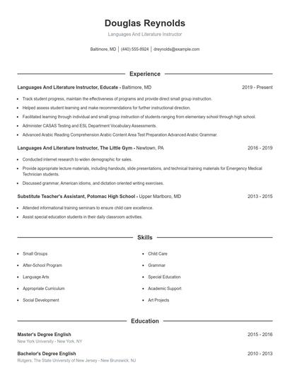 Languages And Literature Instructor Resume