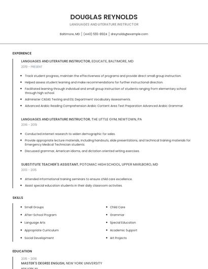 Languages And Literature Instructor Resume