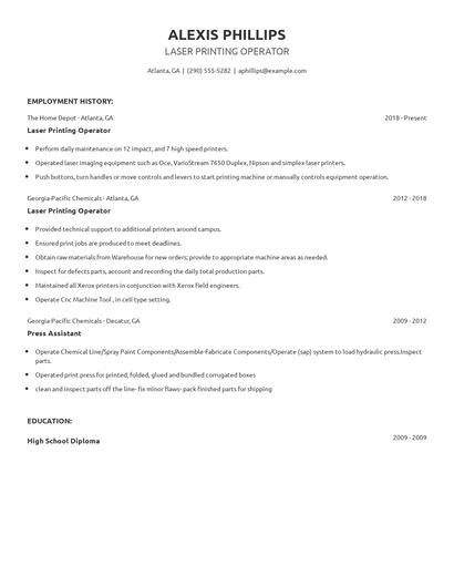 Laser Printing Operator Resume