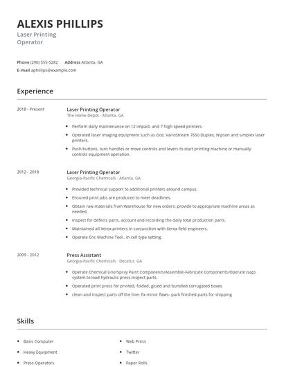 Laser Printing Operator Resume