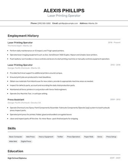 Laser Printing Operator Resume