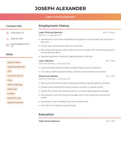 Laser Printing Operator Resume