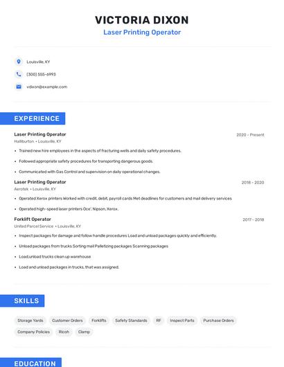 Laser Printing Operator Resume