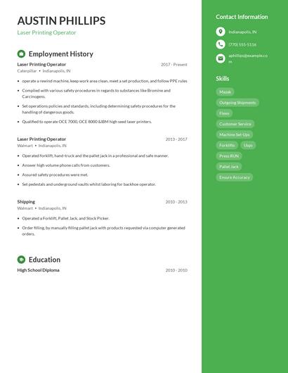Laser Printing Operator Resume