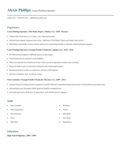 Laser Printing Operator Resume