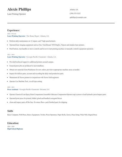 Laser Printing Operator Resume