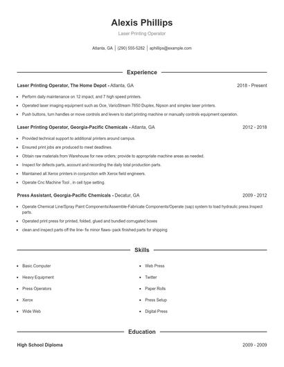 Laser Printing Operator Resume