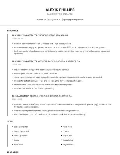 Laser Printing Operator Resume