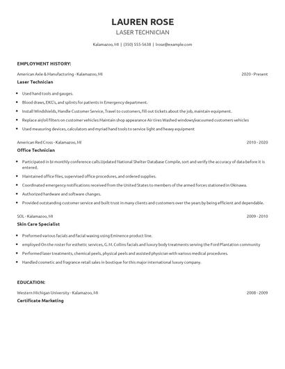 Laser Technician Resume