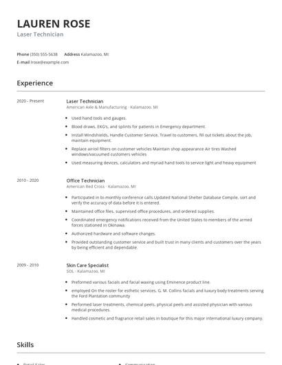 Laser Technician Resume