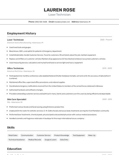 Laser Technician Resume