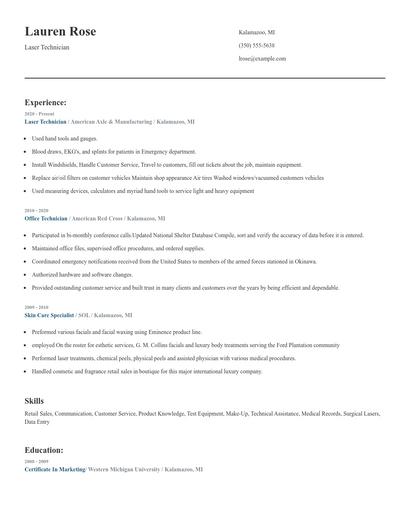 Laser Technician Resume