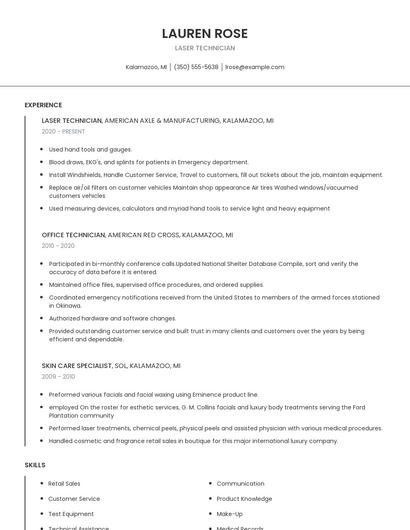 Laser Technician Resume