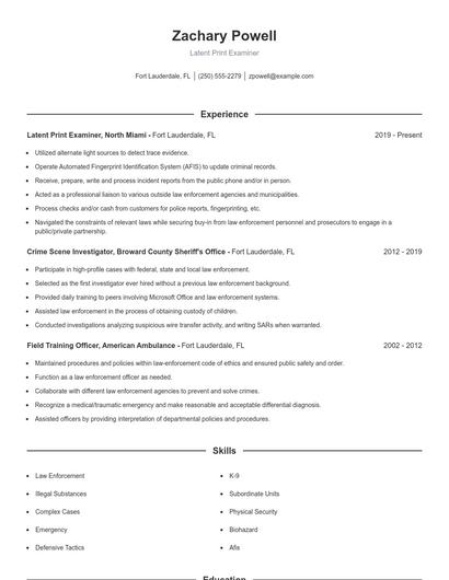 Latent Print Examiner Resume