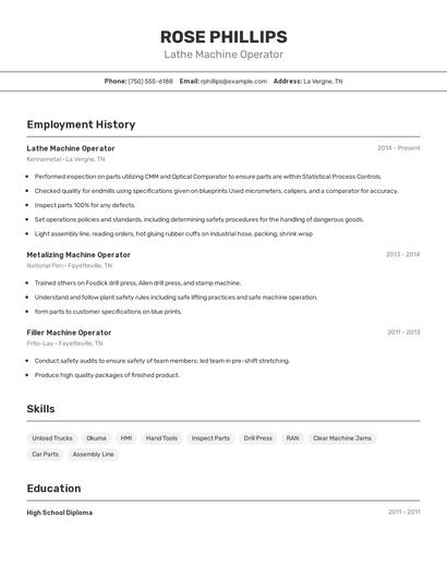 Lathe Machine Operator Resume