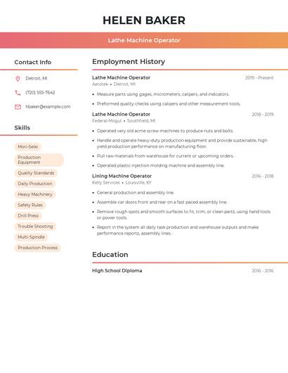 Lathe Machine Operator Resume