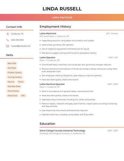 Lathe Machinist Resume