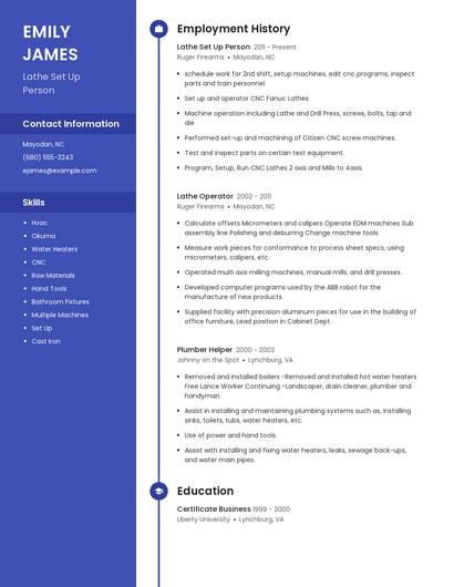 Lathe Set Up Person Resume