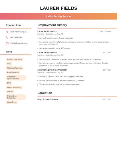 Lathe Set Up Person Resume