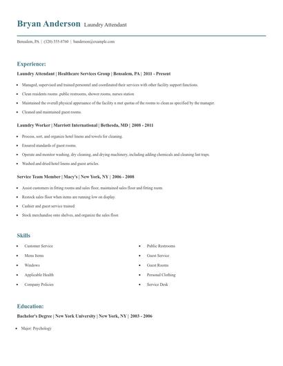 Laundry Attendant Resume