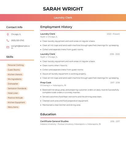 Laundry Clerk Resume