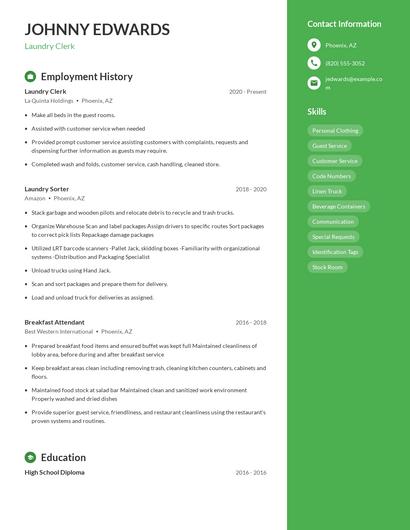 Laundry Clerk Resume