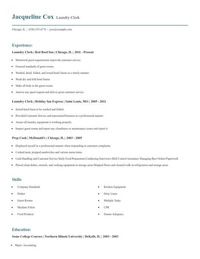 Laundry Clerk Resume