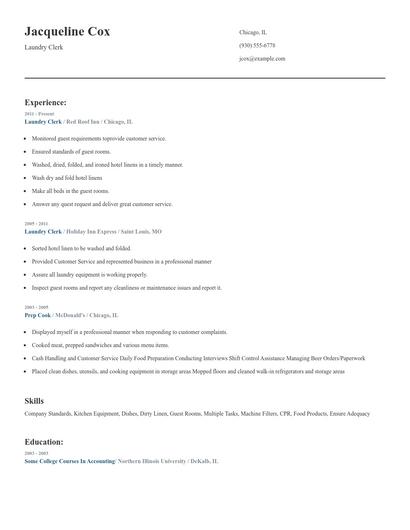 Laundry Clerk Resume