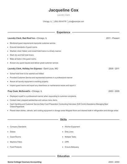 Laundry Clerk Resume