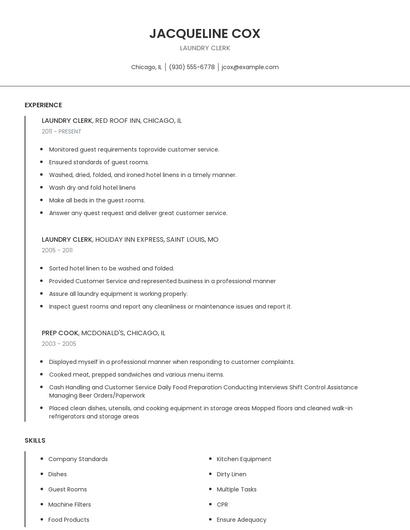 Laundry Clerk Resume