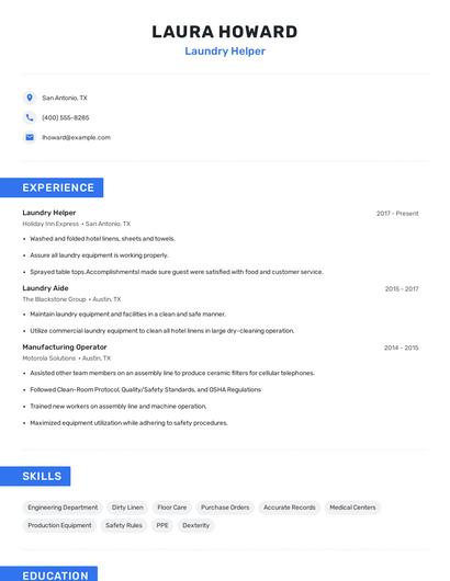 Laundry Helper Resume