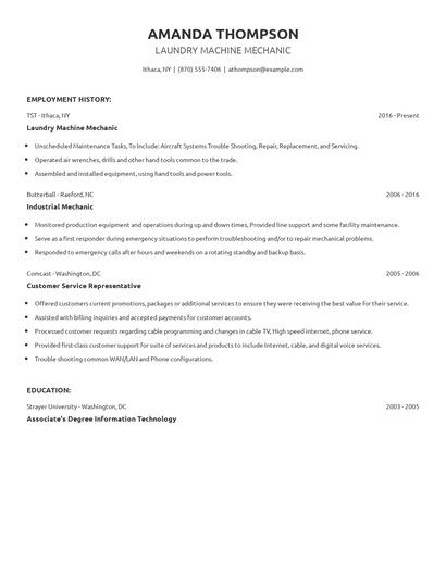 Laundry Machine Mechanic Resume