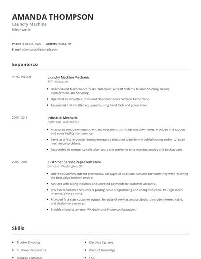 Laundry Machine Mechanic Resume