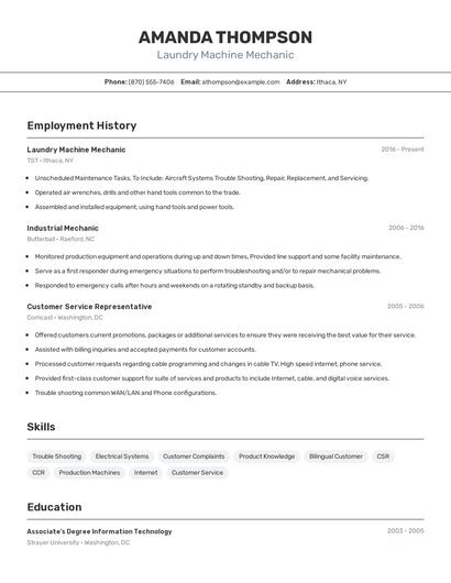 Laundry Machine Mechanic Resume