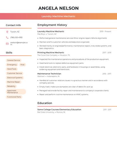 Laundry Machine Mechanic Resume